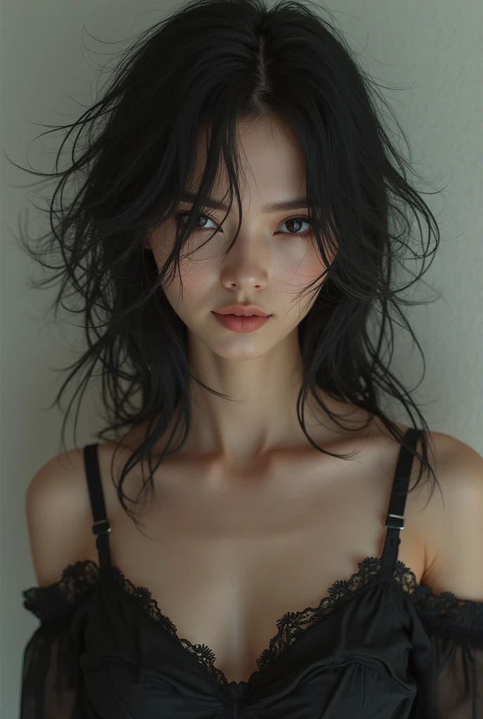 ((masterpiece , best quality, 8k,)), Korean woman in her 20s  , slim , (huge breasts:1.3) , (I have a lot of hair.: 1.3), (messy hair:1.3) , Short hair style, (dark circles under the eyes:1.3) , (laugh: 1), (Dark cave: 1.2), (thin clothes: 1.3), devil, red lips, red eyeshadow