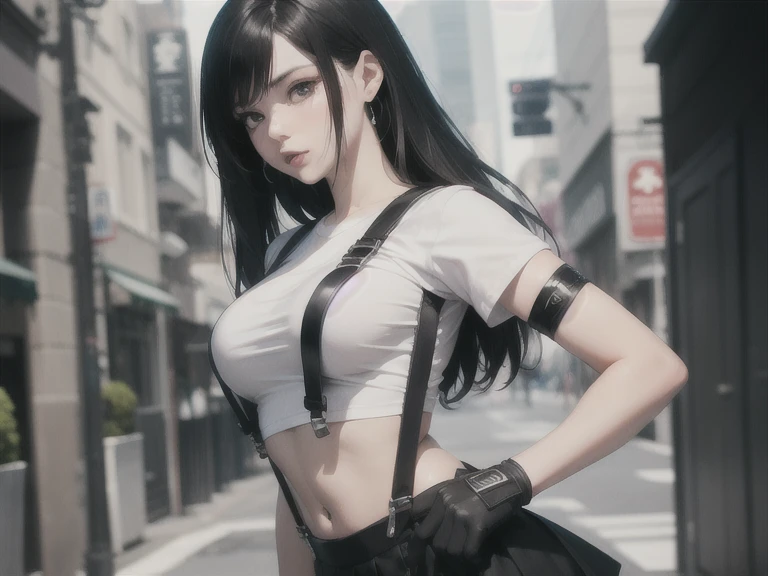 (best quality, masterpiece:1.4), (ultra high resolution:1.4), 8k illustration, extremely detailed, 3D, (realistic:1.45), (photo realistic:1.47), soft focus, blurry background, a Japanese woman, 7rtifa, incredible beautiful woman, extremely delicate and beautiful woman, solo, cute and pretty face, elegant, gentle, neat, red eyes, puffy lips, low-tied long hair, medium breasts, clear and fair skin, perfect figure, earrings, white crop top, suspenders, pleated miniskirt, black thighhighs, arm guards, elbow gloves, fingerless gloves, standing, both hands on hips, gentle smile, (in the slum:1.3), (cowboy shot), (shot from diagonally front), 