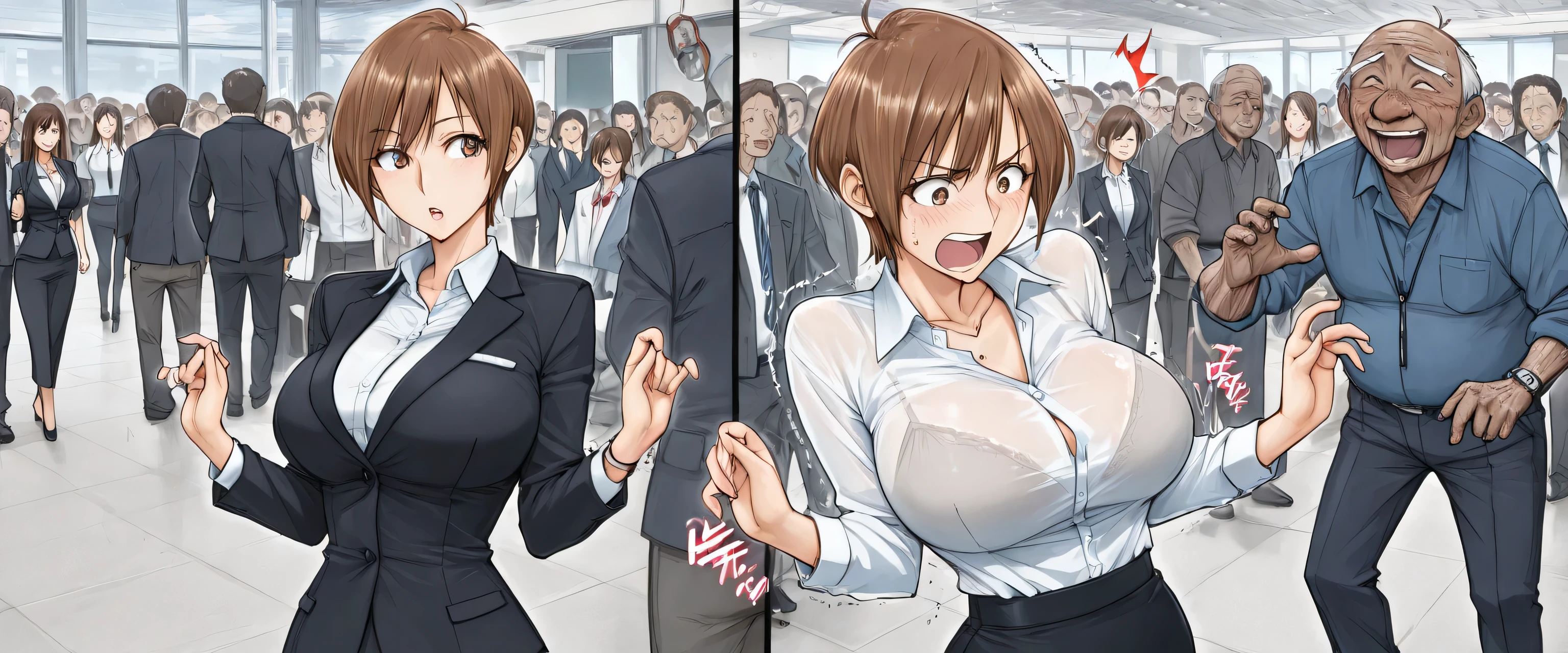((full body shot)),((Flaxen Hair,)) ,(masterpiece:1.2), highest quality, ((Thin legs)),((((High resolution)))), unity 8k wallpaper, (shape:0.8), Highly detailed face, Perfect lighting, Extremely detailed CG,((Shibuya Scramble Crossing)),(((Big Breasts))),(((((office lady)))),((((suit)))),((Black tight skirt)),(((Black long boots)))、(Pointed Toe)、((Black stiletto heels))、short hair,Panchi et al.,(((Peeing from the crotch))),((((((vaginal)))))),(((((((sex))))))),((((1 boy)))),((((penis)))),(penis),(((Stand leaning forward))),(((From the side))),((((crowd)))),((looking at viewer)),(((1 boy))),(((grabbing another's breast))),((smile))
