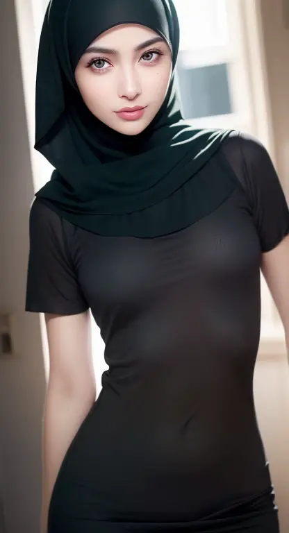 RAW, Best quality, high resolution, work: 1.3, beautiful Malay woman in hijab, beautiful big eyes, smiling, wearing big long-sleeved shirt and loose leggings, thick thighs, in the dressing room, seductive sexy pose, Amazing lighting, Bright colors, Clean lines
