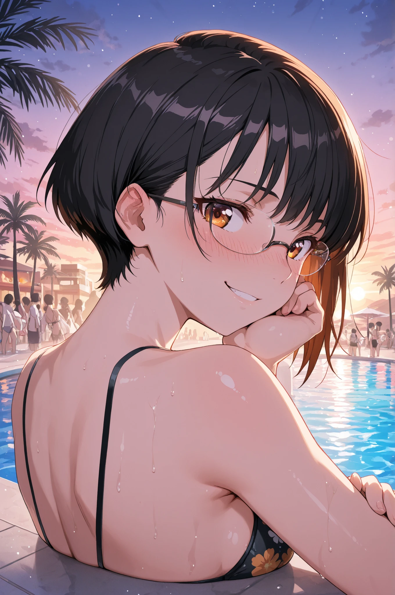 short hair, 1 girl, wearing glasses bikini, striped swimsuit, The sea breeze caresses her skin as she listens to the soothing whispers of the waves,  The constellations form patterns that seem to tell stories of ancient loves and well-kept secrets, savoring the tranquility of the beach under the moonlight, The night at the beach is her sanctuary, a place where she can lose herself in her thoughts and find solace in the whispers of the sea.