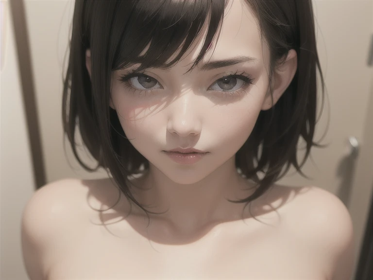 (masterpiece), (pov close up), best quality, masterpiece, (photorealistic:1.2), 1woman, vonzy selfie in bed, on sidepool at night, front view, realistic skin, (round face), curtain fringe messy hair, brown hair, human skin imperfection, b...