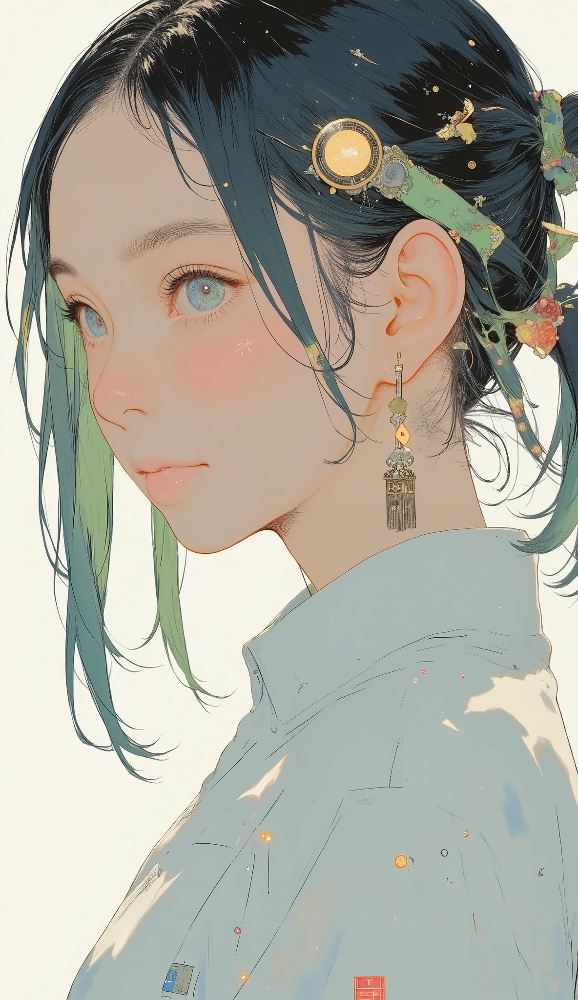 profile、bright colorsと装飾的なパターンを持つ、 Stylized Characters , long flowing green hair with ribbons and ornaments々Use ribbons and ornaments, twin tail、dynamic and cultural atmosphere, High Quality, 4K, Super Detailed, realistic, HDR, super high resolution, Professional, white background、bright colors, Bokeh、Full Body、
