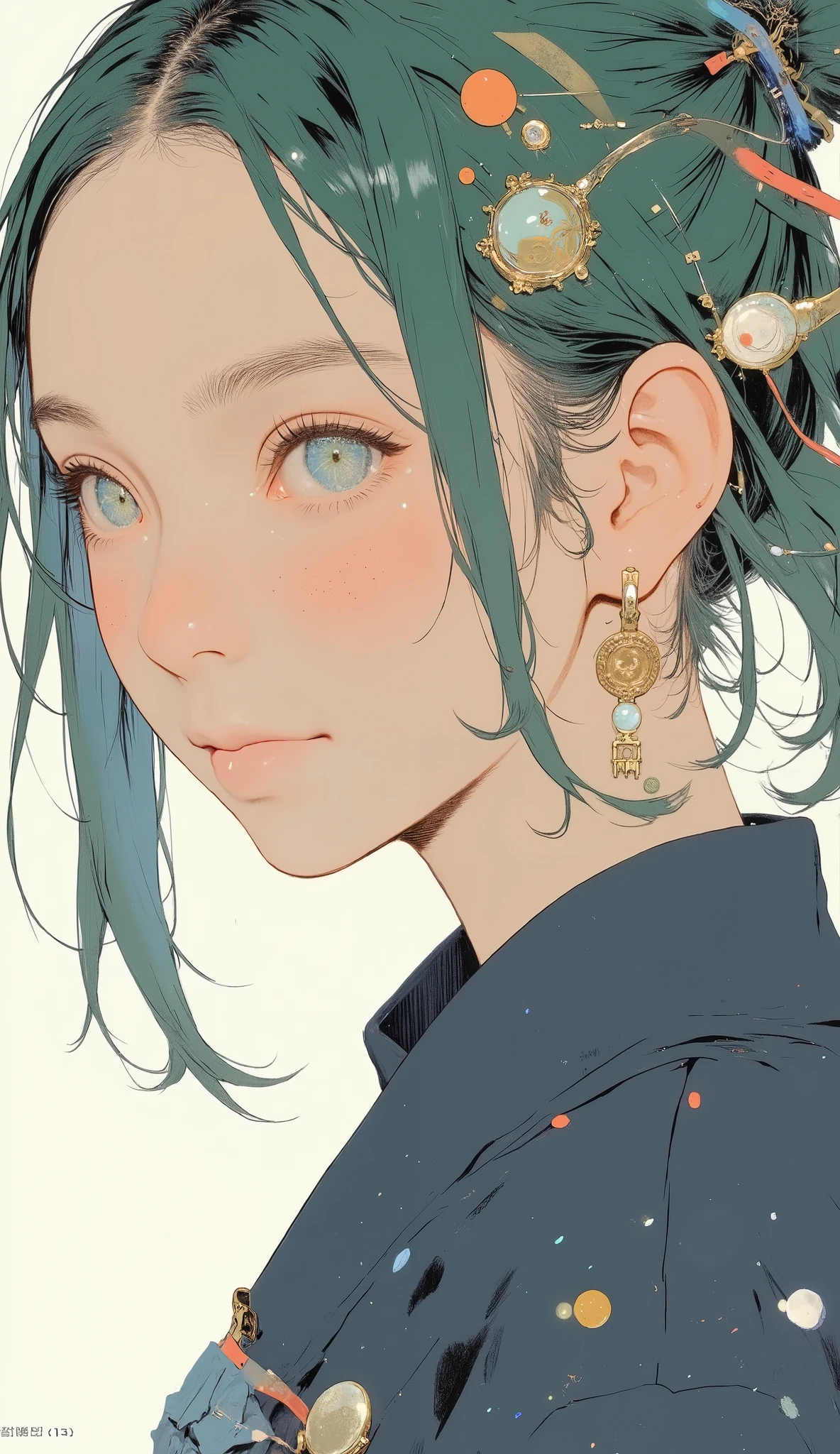 profile、bright colorsと装飾的なパターンを持つ、 Stylized Characters , long flowing green hair with ribbons and ornaments々Use ribbons and ornaments, twin tail、dynamic and cultural atmosphere, High Quality, 4K, Super Detailed, realistic, HDR, super high resolution, Professional, white background、bright colors, Bokeh、Full Body、