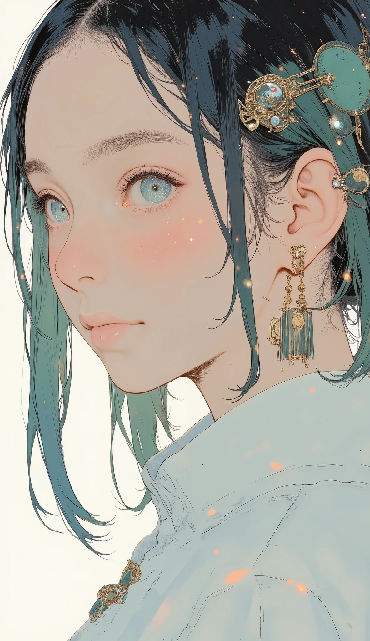 profile、bright colorsと装飾的なパターンを持つ、 Stylized Characters , long flowing green hair with ribbons and ornaments々Use ribbons and ornaments, twin tail、dynamic and cultural atmosphere, High Quality, 4K, Super Detailed, realistic, HDR, super high resolution, Professional, white background、bright colors, Bokeh、Full Body、