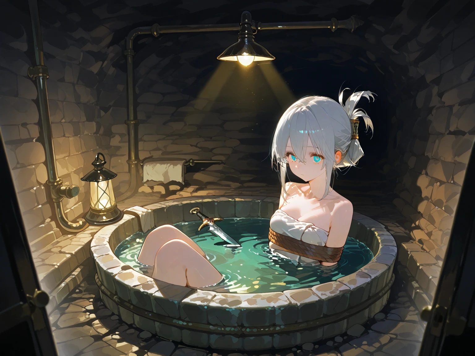 (((I want a solitary Elf Woman, Long white hair, serene green eyes, brown skin, mature body with full breasts and slim waist, taking a bath in a bathtub with hot water)))