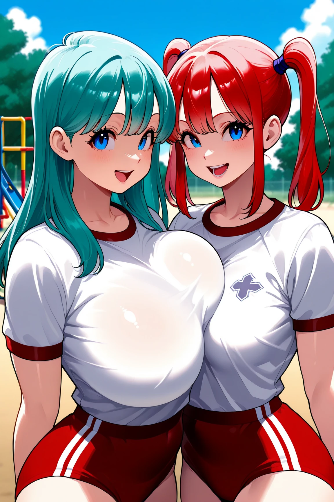 Usada Pekora, long hair, breasts, staring at viewer, blushing, smiling, bangs, multiple girls, large breasts, hair accessory, belly button, two girls, animal ears, underwear, blue hair, collarbone, tail, braids, white hair, colorful hair, tongue, tongue out, bunny ears, twin braids, two-tone hair, orange eyes, animal ear hair, grabbing, bunny tail, blue claws, string, mature woman, bunny girl, food themed hair accessory, mother and daughter, eyepatch bikini bottoms only, carrot hair accessory