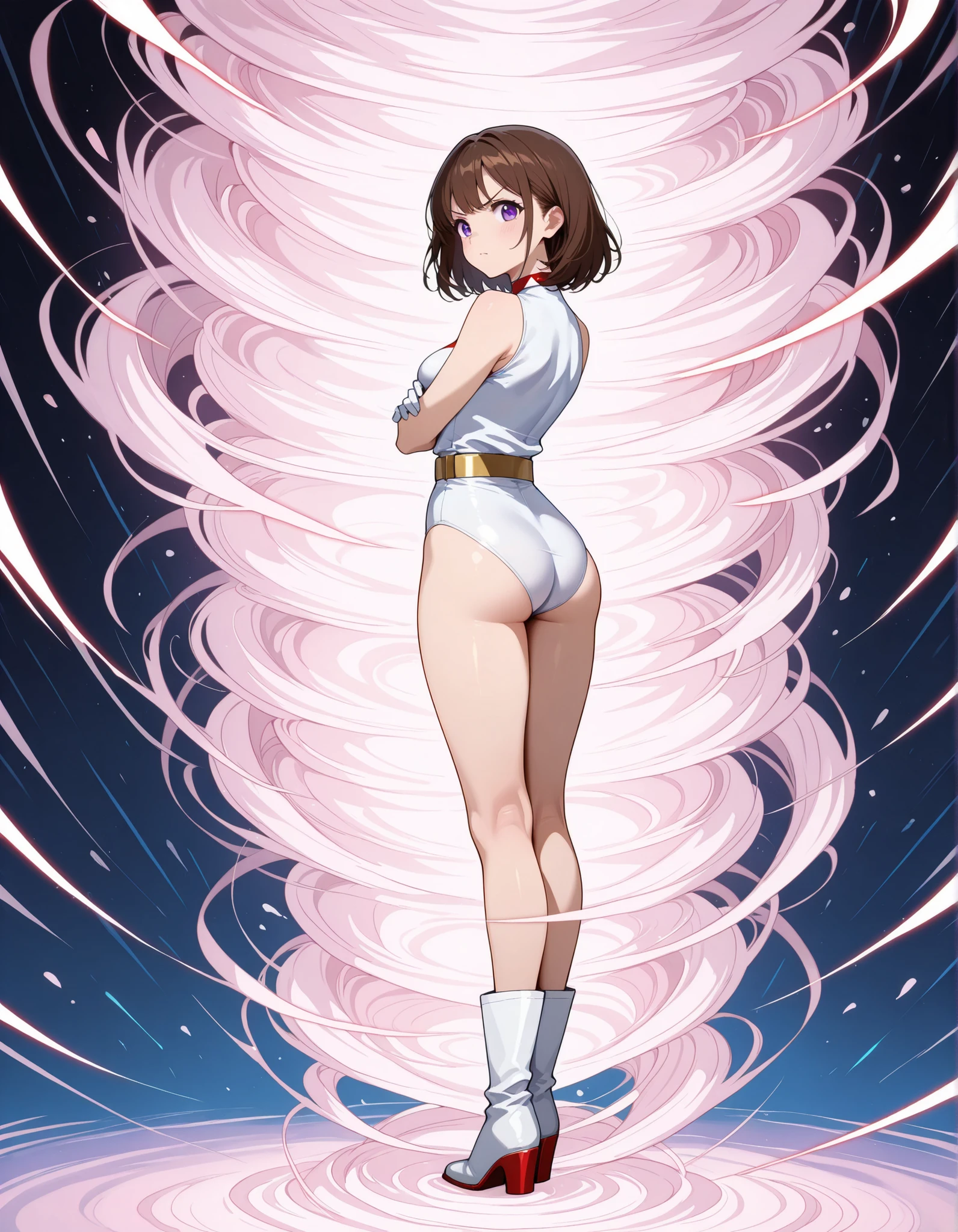 ((masterpiece)). ((best quality)), ((highres)), 1girl, solo, short hair, brown hair, purple eyes, (full body), standing, hands on hip, (sleeveless white and red leotard with yellow accents and star emblem embedded in chest area), (matching white gloves), ((bare legs)), superhero, tokyo city backdrop, matching boots, medium breasts, 20 age,