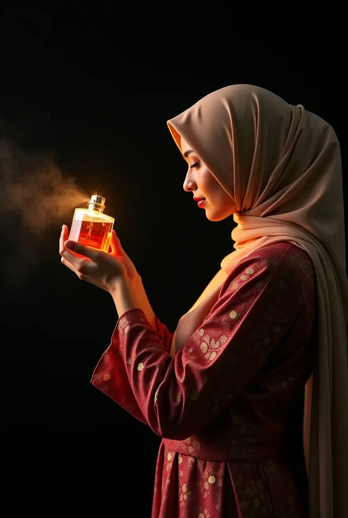 a Muslim Malay woman who is spraying perfume on herself causing her to look more radiant and more confident and to see an attractive aura on her, with a cinematic black background, this woman's character is on the right