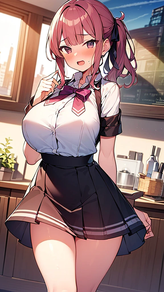 ((masterpiece)),(best quality),official art,extremely detailed CG,unity 8k wallpaper,ultra detailed,beautiful detailed eyes,extremely detailed face,1girl,solo,cowboy shot,looking at viewer,facing viewer,Nanasato Nene(unoneno),long hair,red hair,shiny hair,braid,hair ornament,hair bow,hair between eyes,yellow ribbon,bangs,red eyes,,short sleeves,puffy sleeves,black vest,taut vest,wing collar,collared shirt,neck ribbon,red ribbon,white shirt,large breasts,miniskirt,frilled skirt,black skirt,vertical-striped skirt,plaid skirt,white socks,loafers,