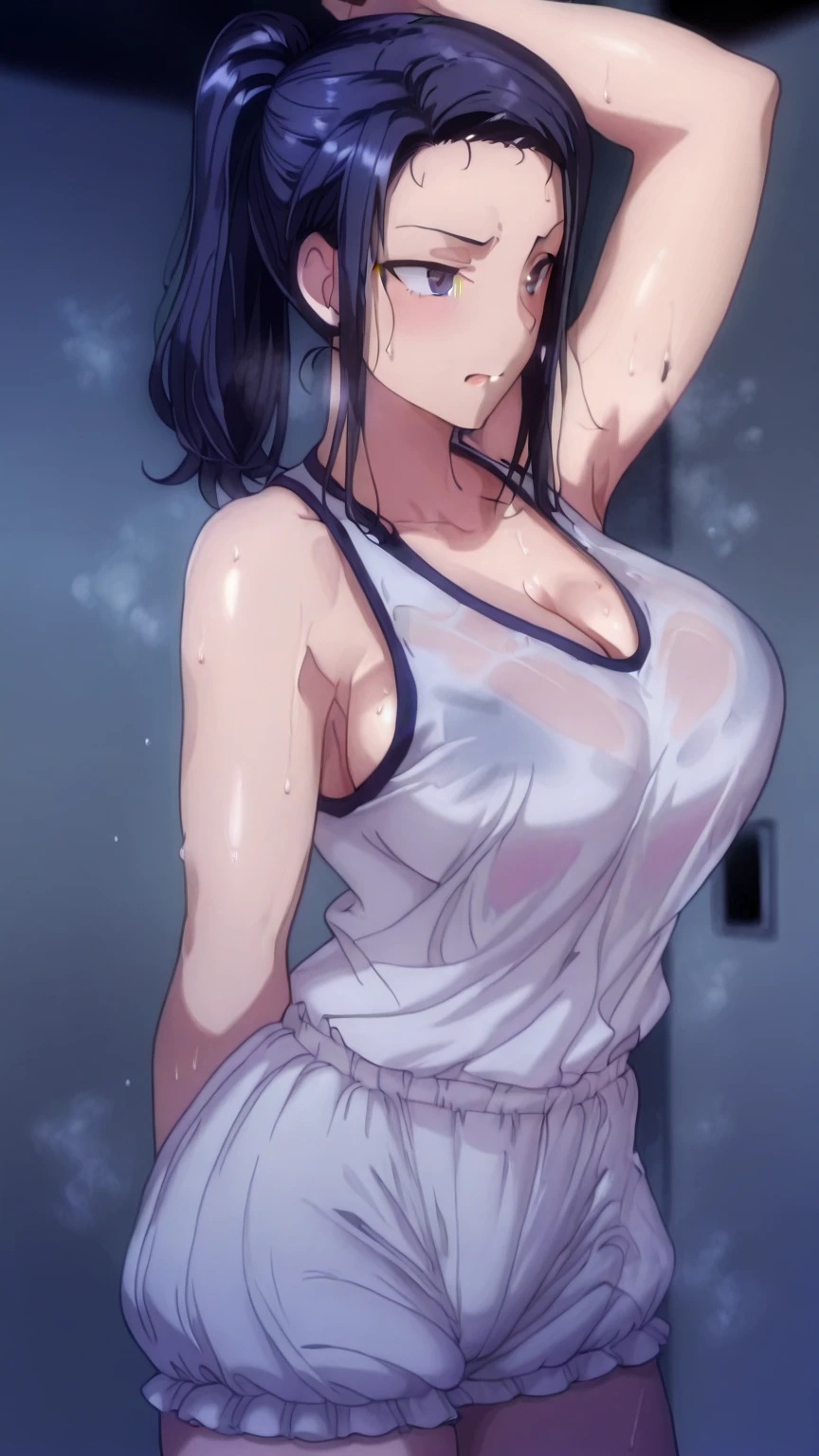 (masterpiece), best quality, expressive eyes, perfect face, gym, workout, hot, sweating, sweaty, tan, big , tan skin, flustered, blush, purple clothes, see thru, yoga pants, black hair, backview , curvy woman , black hair, purple eyes , towel, towel around neck