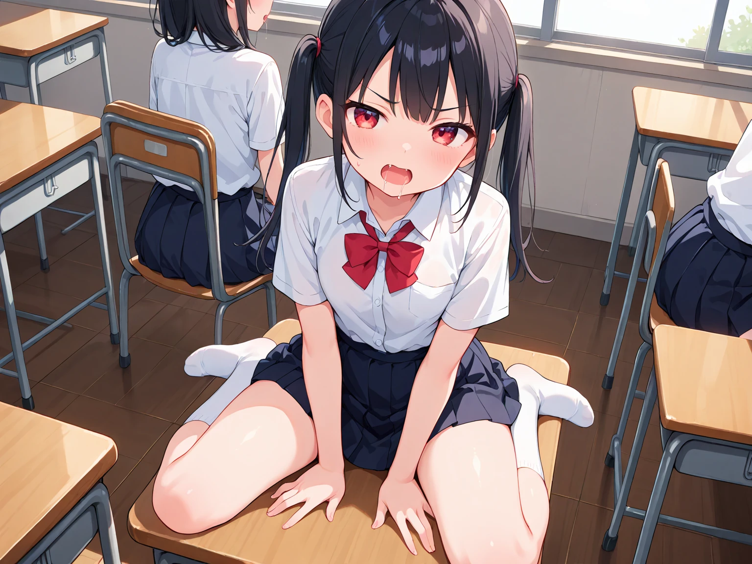 superfine illustration, Perfect Anatomy, Best Quality, Hires, amazing shading, Beautiful skin, 1 little girl, nose blush, Saliva, Ecstasy,  Close eyes, ,School Uniforms , Bare legged, Full body, SEX, Yor, touches crotch, (Rubbing the crotch with your hands:1.2), In the classroom of  the school:1.2, suggestive pose,Small
