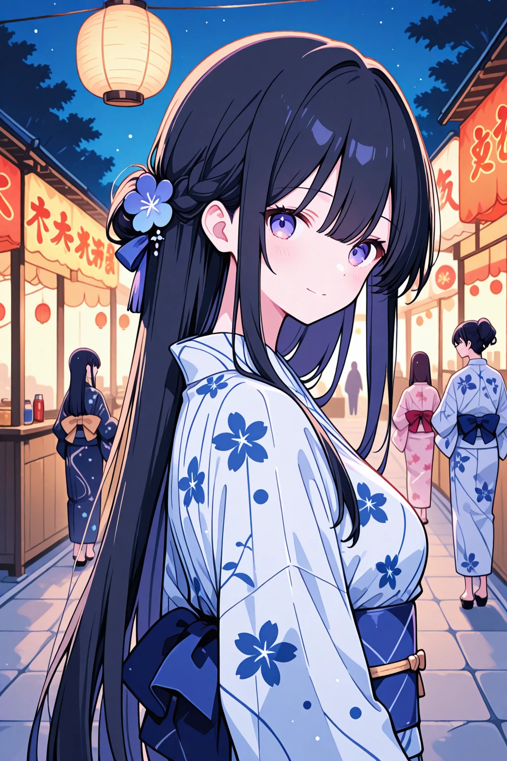 closed eyes: (narrowed eyes:1.3):11 ,Realistic, real person, (pale skin: 1.2), Side shot、upper body,leaning forward、RAW photo, photorealistic, shiny skin, shiny hair、 (A 25-year-old woman with straight hair and bangs) and (medium hair) and (black hair) and (purple eyes) , (purple:1.5) and (yukata)、Cleavage、 (embarrassed,blush:1.3),(open mouth:1.5),The background is a Japanese-style corridor at night、(alone:1.5)