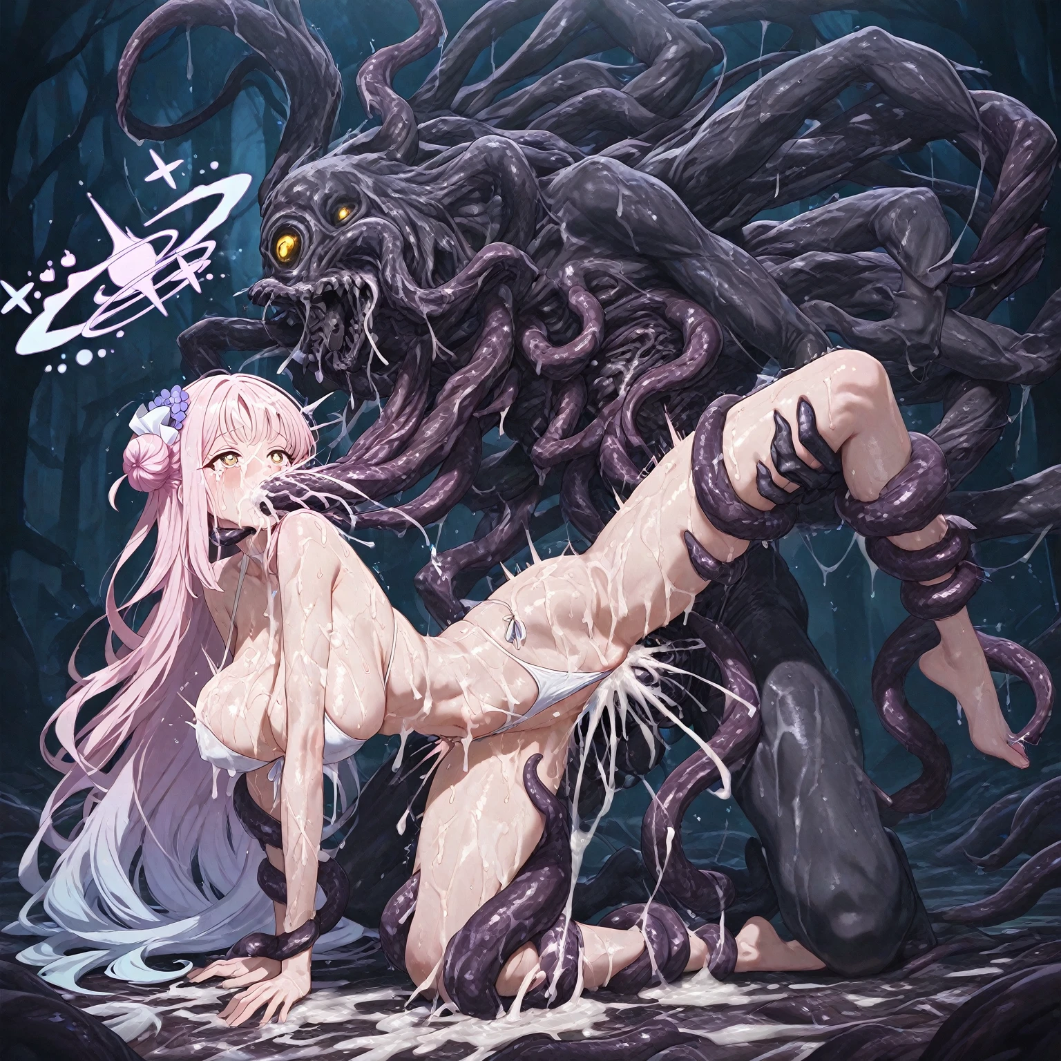 (cute,little man,Small,cry out,tears,tired,Spread your legs apart,Long hair naked and tiara silver hair,Semen is flowing from the pussy like a waterfall.,ripple her belly.)Girl is a man(A huge cock that is 1 meter long,Inserting a big cock into a girl's pussy,Inflate a girl's belly into the shape of a giant cock,Ugly giant octopus 5 meters tall)Have sex with。Tangled and surrounded by 100 giant cock tentacles,Surrounded by 100 giant octopuses,Low - Angle