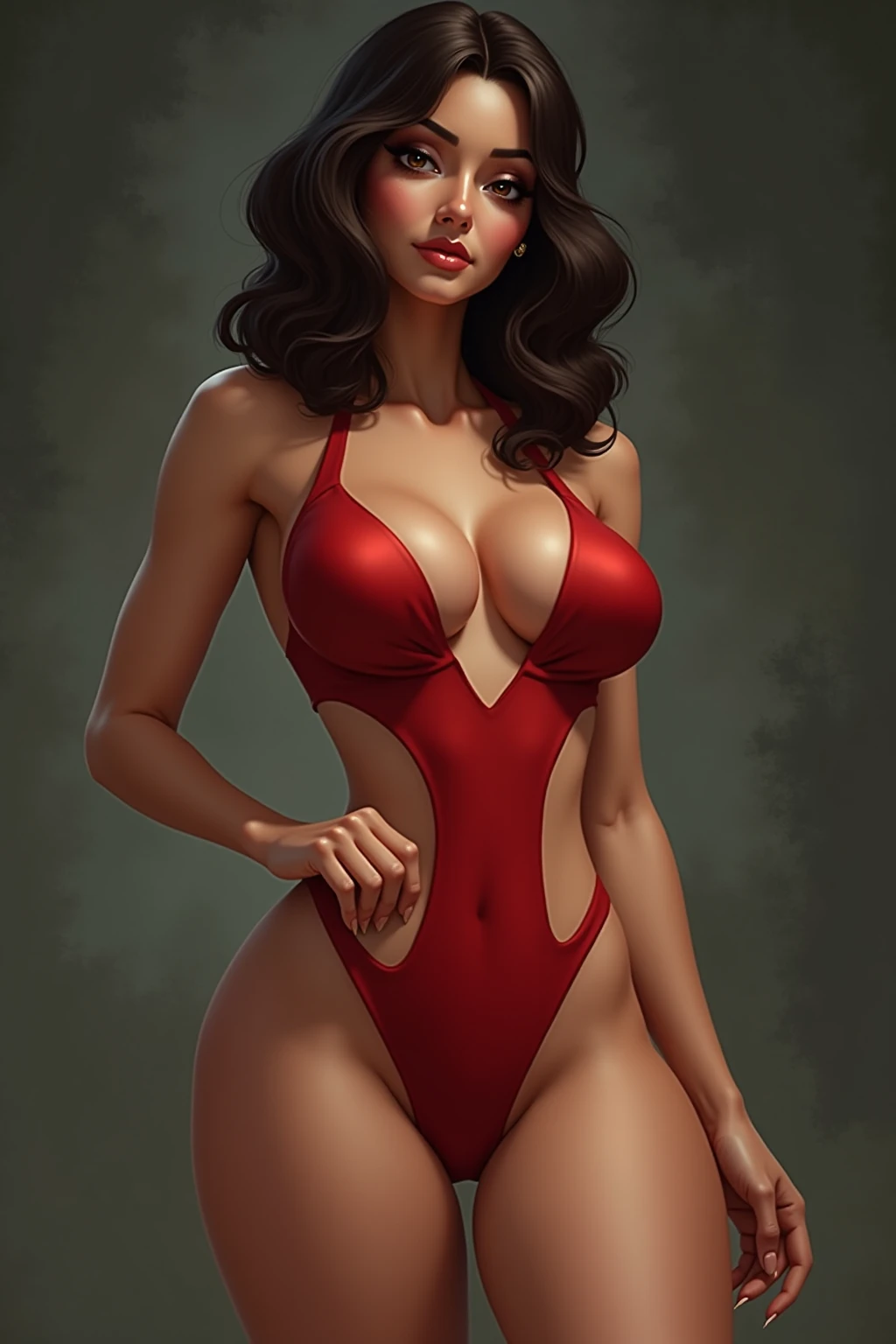 The woman, slingshot swinsuit, socks, stockings, jungle in the background, jungle, evening, night, summer, Very detailed, Realistic long-term photography., 4k, by the wide, brown hair, By the chestnut, Red lips, choker, shocks, sexy,red lips, brown eyes, big breasts, big breasts, breasts, Lucia Auditore