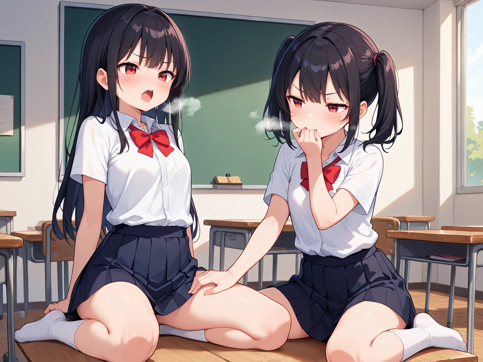 (((masterpiece, Highest quality, High resolution, 超High resolution, Pixel perfect, Written boundary depth, 4K, About RTTX10.0))), Beautiful Anime Women, Beautiful art style, Anime characters, ((Smooth texture, Realistic texture, Anime CG Style)), Exact finger count、Exact number of legs、(Exact number of arms:1.0, Exact number of hands:1.0), (Perfect hands, Perfect Anatomy), Cinematic, Realistic, Highly detailed CG, Daytime lighting, Perfect lighting, Best Shadow, The best natural light, whole body, Perfect body, (Slender body:1.2), whole body, ((Long Hair, bangs, Dark brown hair, Twin tails)), ((One woman kneels and stares open-mouthed, sleep:1.4)), ((Beautiful eyelashes)), ((Detailed face, Blushing:1.2)), ((Beautiful and large breasts)), (Amazingly beautiful girl), (School classroom:1.3), (Fashionable white shirt, Sailor collar, Navy blue sailor suit, Knee-high socks, Navy pleated mini skirt:1.3), (Open your mouth wide:1.5), ((close your eyes:1)), ((cute, Sighing expression)), Breathe with your shoulders, sexual pleasure expression, Holding in pee、Patience is the limit、On the brink of climax, (Perfect Anatomy, Perfect number of arms, Perfect hands)、(cum on face, cumin mouth:1.7), Look up, A 'Phew' sound, Surprised expression, Angle from above right, (My face is covered in sticky white liquid:1.4)