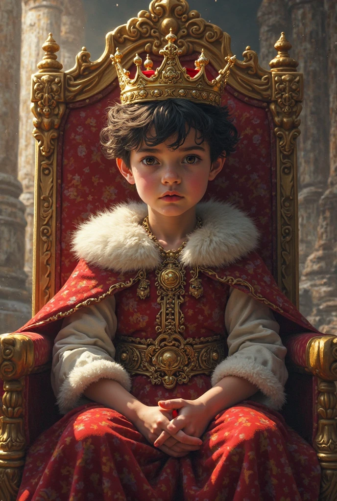 Masterpiece, high quality, solo focus, child boy sitting on king's throne, high angle, focus on face, face details, realistic face, holding a toy, sitting on the floor, kodak portra 400 camera f1.6 lens rich colors hyper realistic texture dramatic lighting unreal engine trend on artstation cinestill 800 --auto --s2