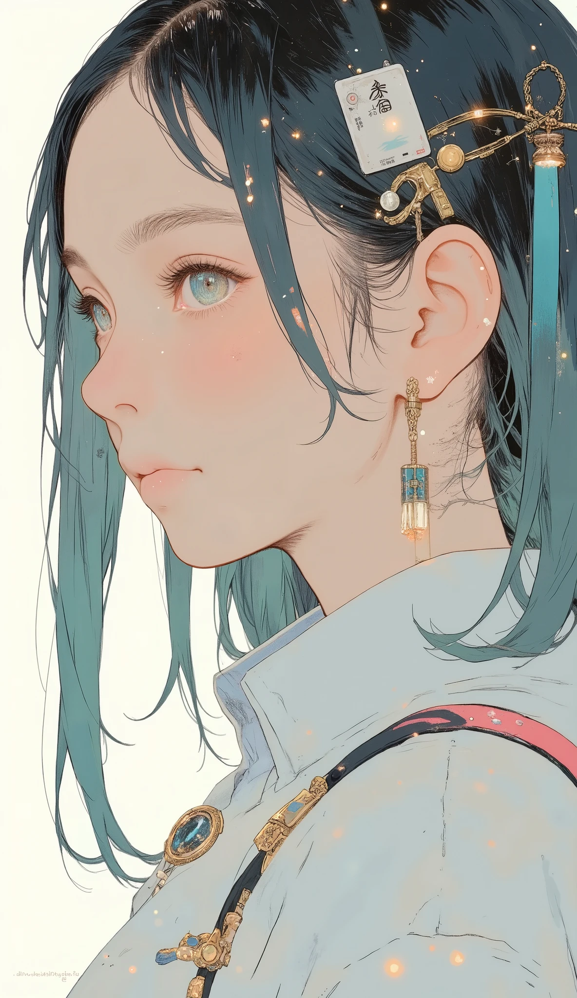 profile、bright colorsと装飾的なパターンを持つ、 Stylized Characters , long flowing green hair with ribbons and ornaments々Use ribbons and ornaments, long twin tails、Hatsune Miku、 official costume、dynamic and cultural atmosphere, High Quality, 4K, Super Detailed, realistic, HDR, super high resolution, Professional, white background、bright colors, Bokeh、Full Body、