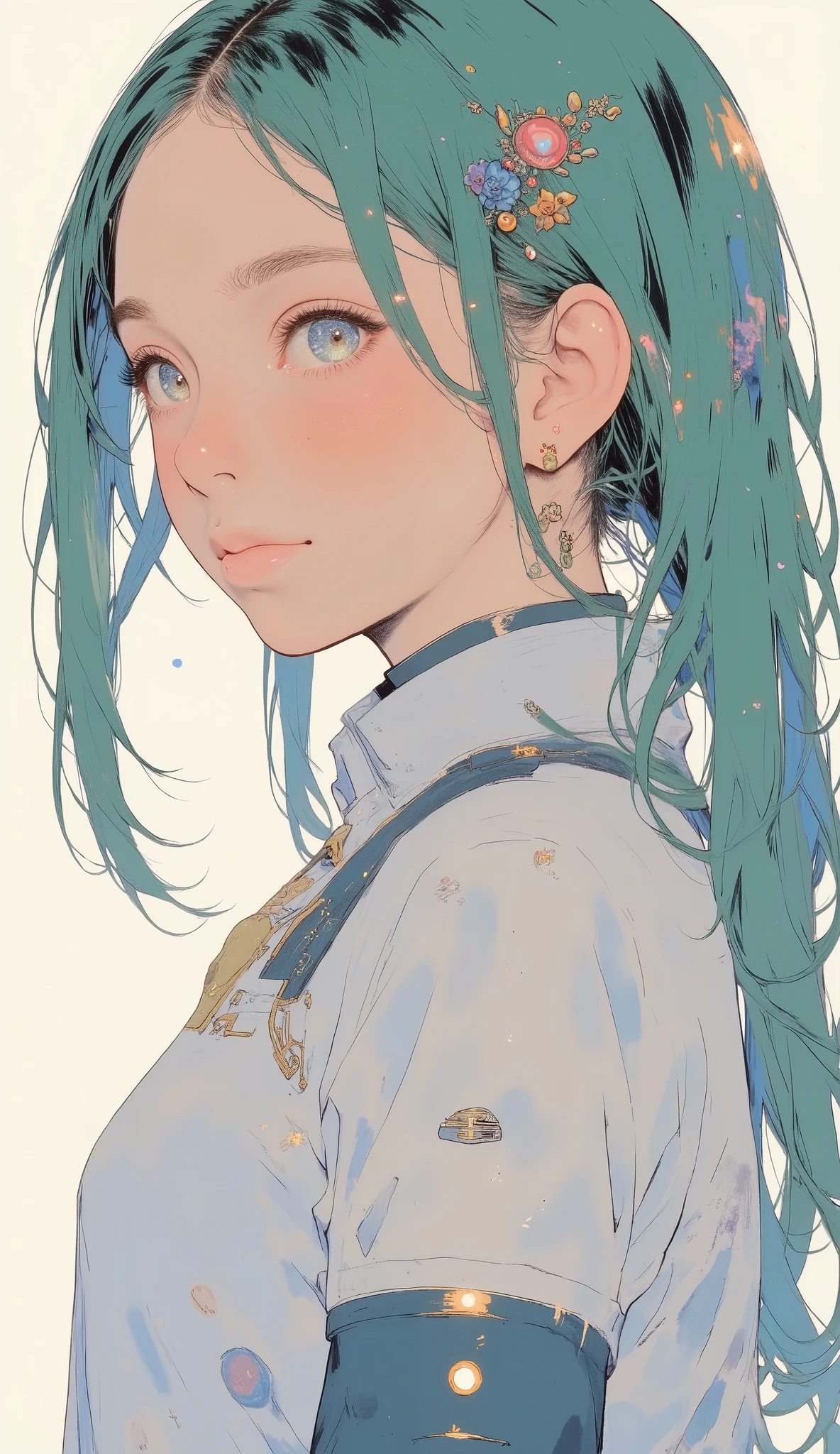 profile、bright colorsと装飾的なパターンを持つ、 Stylized Characters , long flowing green hair with ribbons and ornaments々Use ribbons and ornaments, long twin tails、Hatsune Miku、 official costume、dynamic and cultural atmosphere, High Quality, 4K, Super Detailed, realistic, HDR, super high resolution, Professional, white background、bright colors, Bokeh、Full Body、