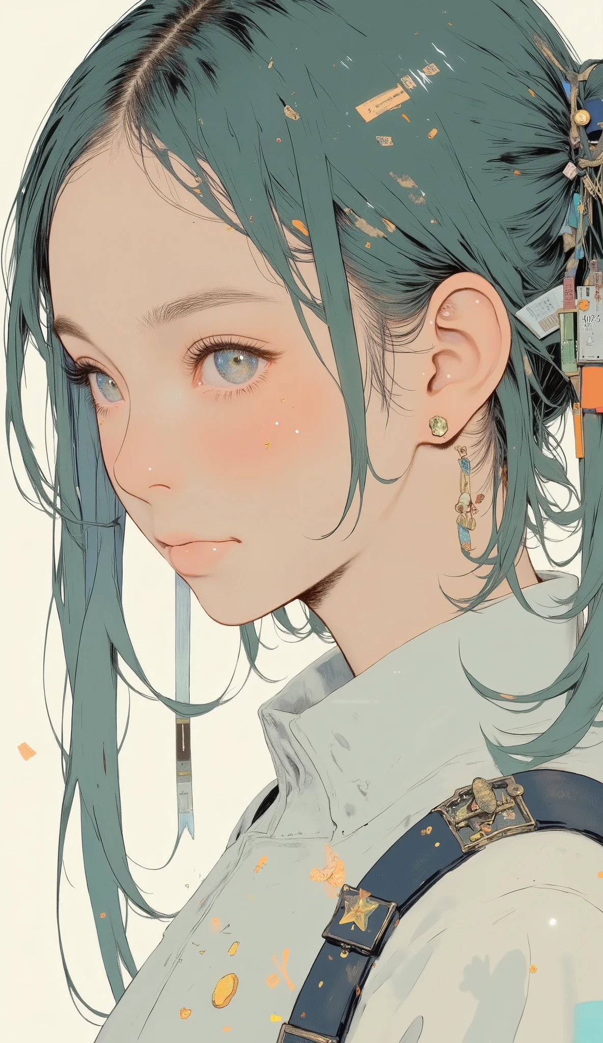 profile、bright colorsと装飾的なパターンを持つ、 Stylized Characters , long flowing green hair with ribbons and ornaments々Use ribbons and ornaments, long twin tails、Hatsune Miku、 official costume、dynamic and cultural atmosphere, High Quality, 4K, Super Detailed, realistic, HDR, super high resolution, Professional, white background、bright colors, Bokeh、Full Body、