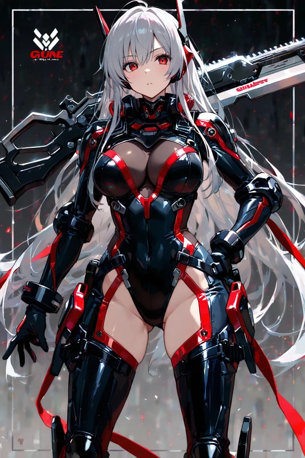 heart tattoo,Battle damage,Wearing mechs,Belly exposure,Gray hair in humans,Be red in the face,heart - shaped pupils,Huge,black lace cleavage underwear,blacksilk