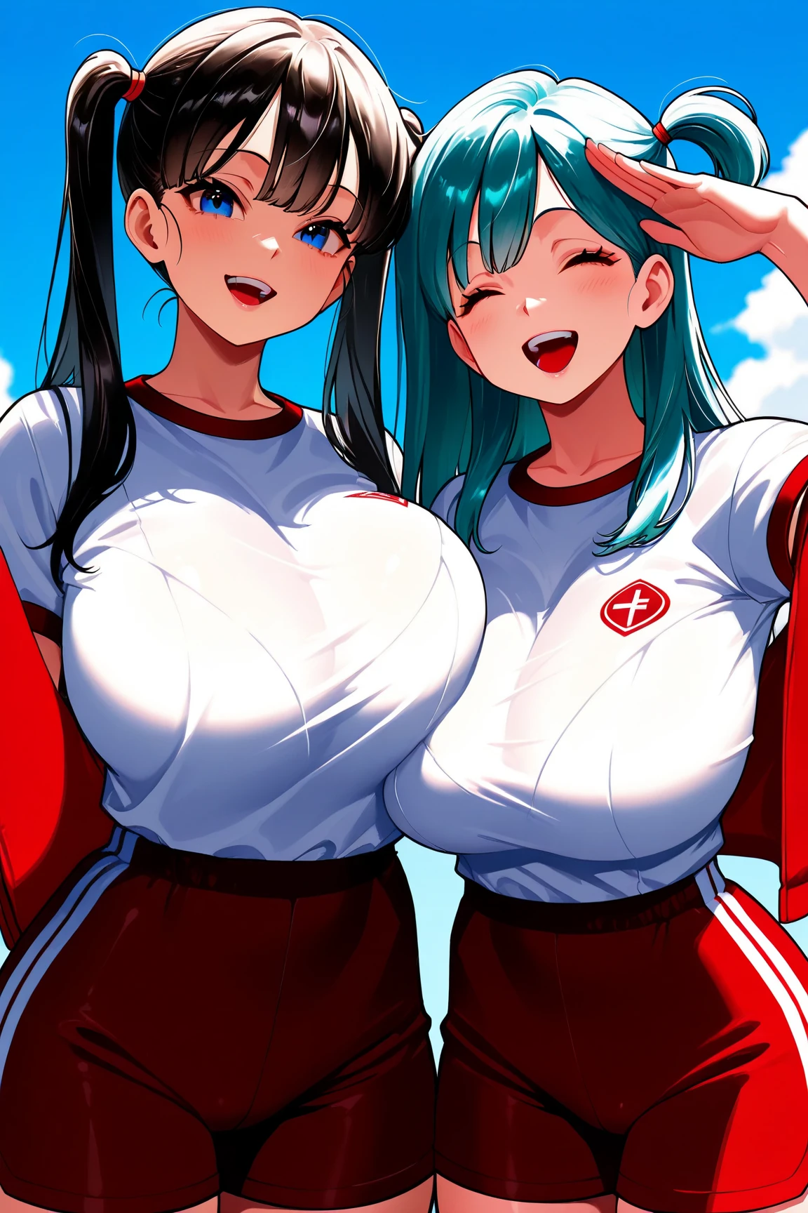 2girls，Extremely large breasts，Secretion of milk，milk，Get wet，full of sweat，Track and field wear，love heart，sprinting