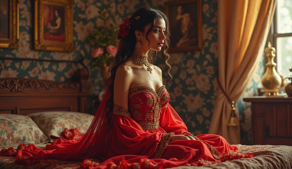 A beautiful Indian bride in a red saree, adorned in gold jewelries, sitting on a bed decorated with roses, out-zoom, full frame, ultra detailed, high resolution, 8K