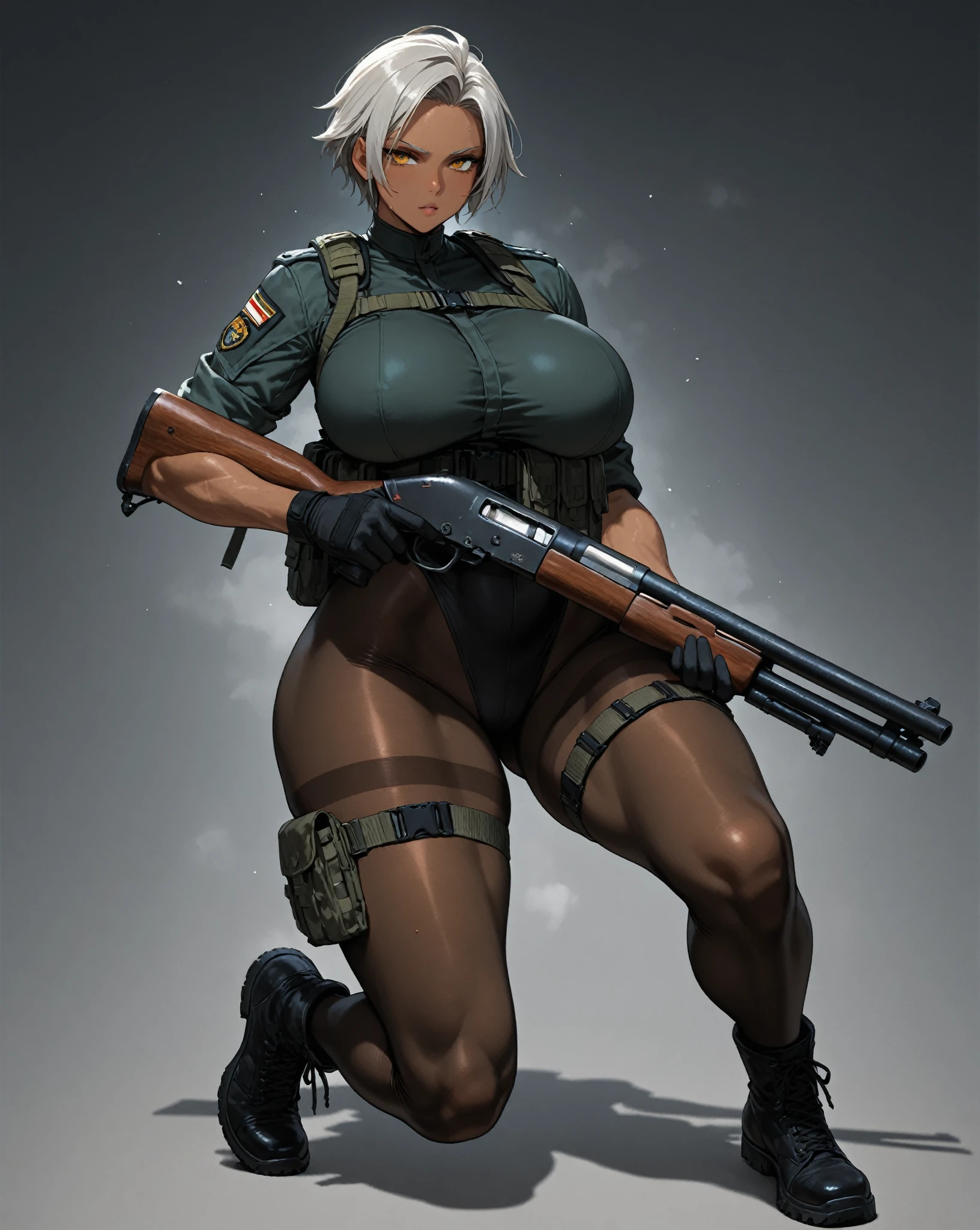 green solid background, 1 woman, best quality, ultra high res, long hair, full lips, white hair, red eyes, loose military jumpsuit, dog-tag necklace, smiling at viewers, wearing black gloves, wearing black combat boots, double D breast, standing, full body