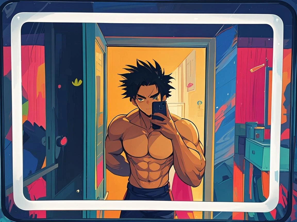1boy, male, young , muscular, long black hair, brown eyes, tanned skin, gym uniform, open shirt, open chest, shorts, iphone in hand, satisfied grin, sexy, stand in front of mirror, abs on body ,triceps, biceps
