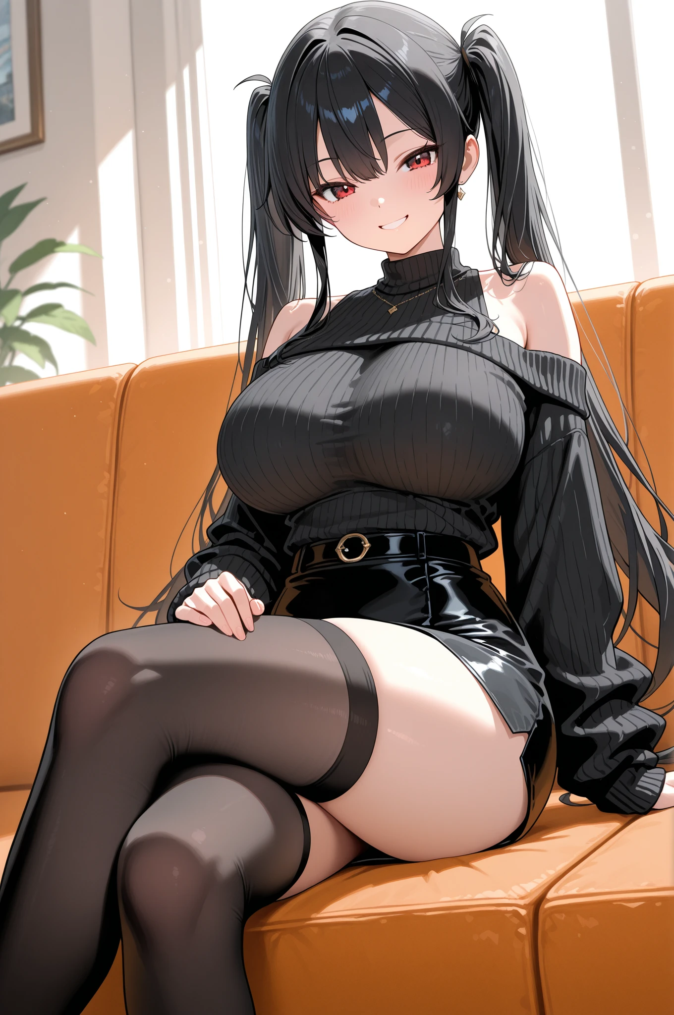 Masterpiece, Best quality, high definition 4k, Girl, Best Anatomy, Pretty face, pretty body, anime big breast, Anime style, Eyes, nase, Ear, Smile, Lips, Neck and shoulders, shirt, Short skirt, Pantyhose, perfect abdomen, Thin waist,, Long legs, background scenery,perfect hand,perfect foot,with perfect legs,Black pantyhose,、slender leg,Silk feet,black pantyhoses,black lence stockings,Perspectiveal,blackstockings,Black tights,blackstockings,Type M,legs separated,opening legs,low chest,cleavage,long leges,cropped shoulders,No shoes,bends his knees,squatt,Hold your legs,knee hugging,focus on the feet