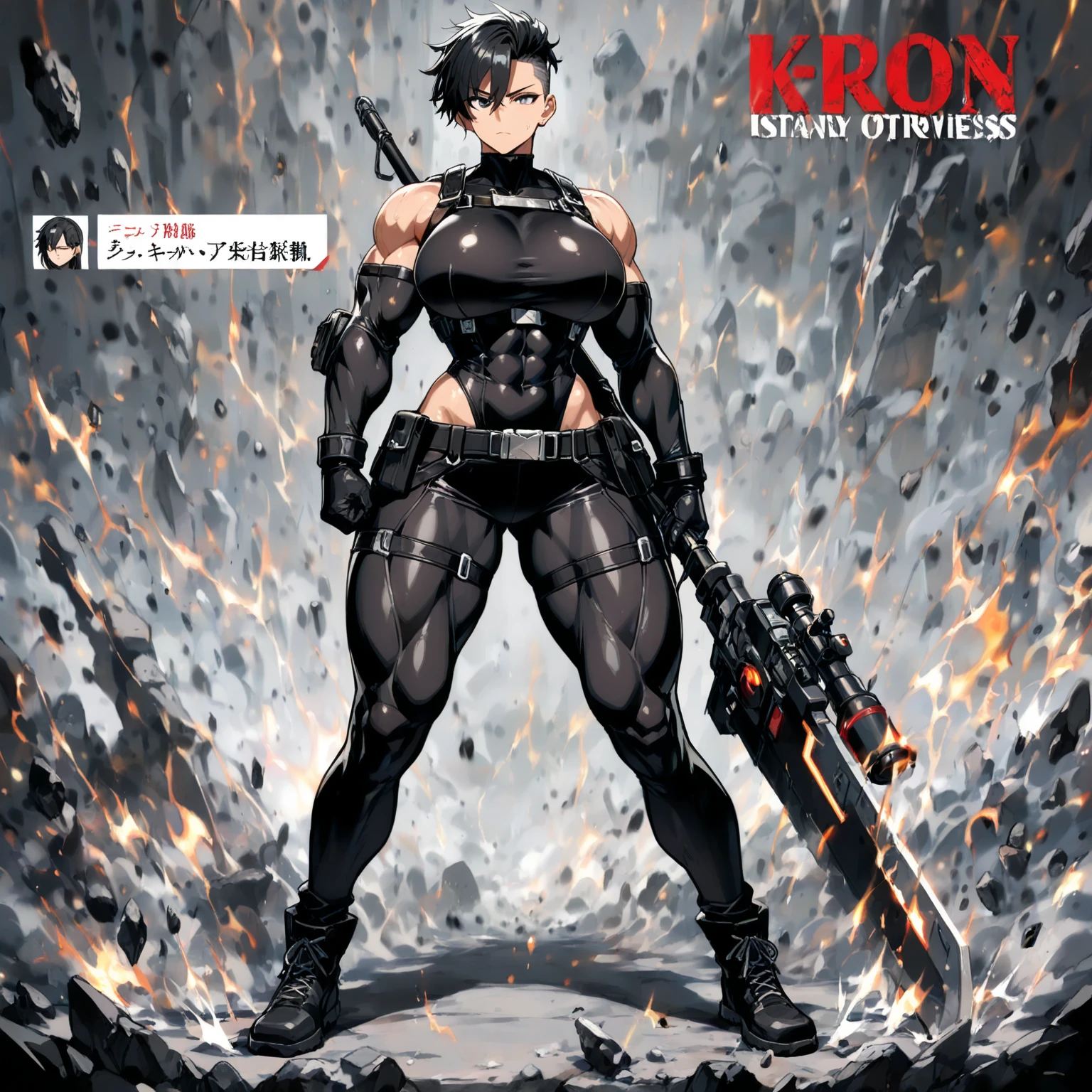comic cover, action pose, 1girl, fair skin, Yusuke Murata style art, Yusuke Murata style,girl alone, short hair, black hair, blue eyes, anime girl with posing tattoos, digital anime art, sexy anime girl, female anime girl, anime art, muscular!, big oppai, Ilya Kuvshinov, badass anime 8k, anime art, cuberpunk hair, sexy clothes, exercise clothes, very attractive, sensual,a goth, beautiful face, serious face, short black hair, perfect body, fit body, abdomen, large breasts, clothes with neckline, muscular, simple background,