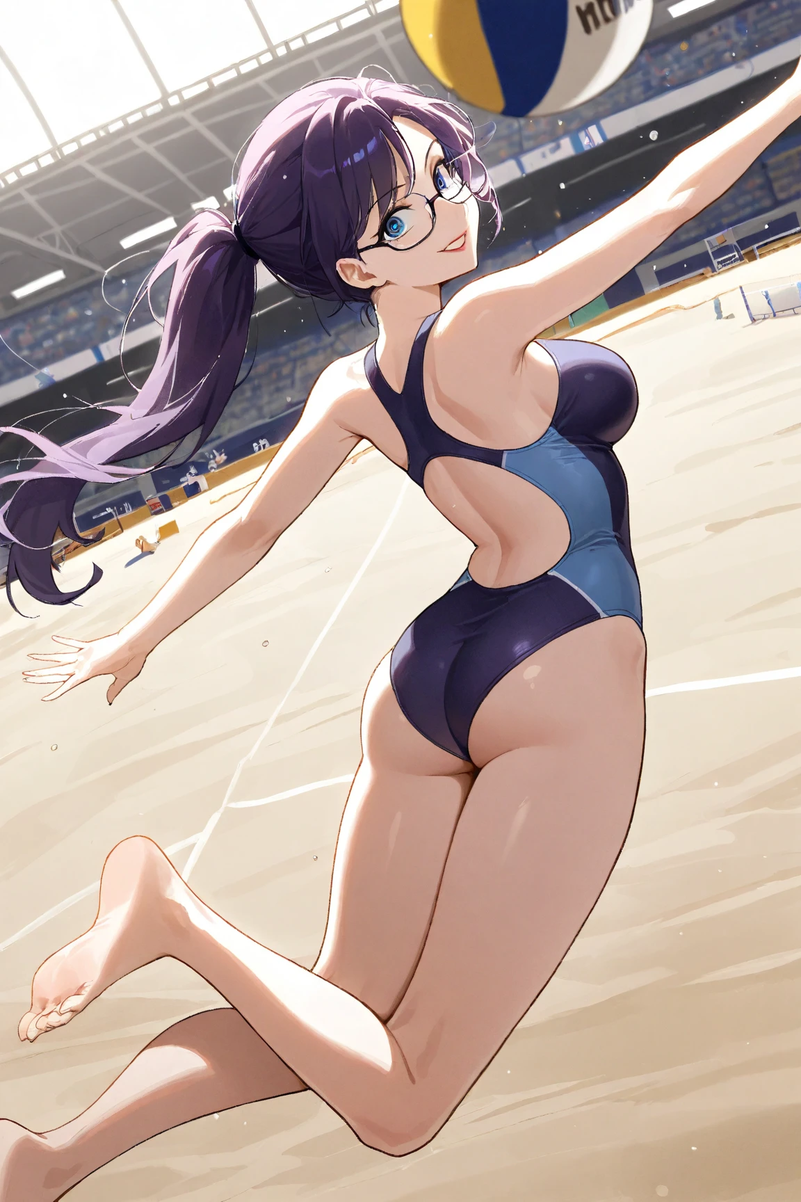 Realistic,14 year old girl.wearing a leotard,Rear view,Buttocks emphasis、Gymnast,gymnastics arena,笑face,face,skin realism、close up of butt