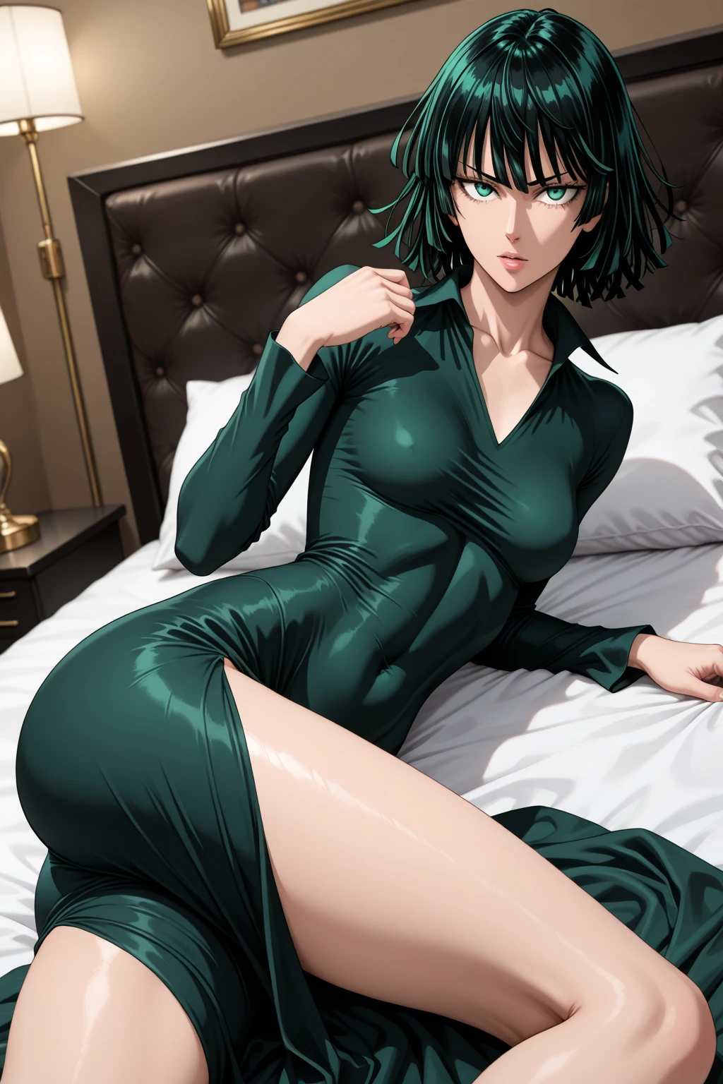 rating_explicit, fubuki from one punch man, black dress, cleavage, necklaces, white bra, lying in bed
