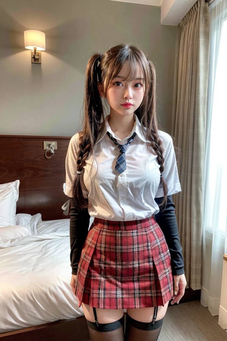 one person、one person、A 17-year-old high school girl poses for a photo in a short-sleeved white sailor uniform、Blonde、victory、Twin tails、Tsundere、masterpiece、High-level image quality、Sharp focus)、White shirt、Red tie、Navy and red checked mini skirt、cute、Japanese women、17 years old、sexy、Laughter、(Perfect Anatomy、Delicate and beautiful hands and feet)、Blue Wall,Small breasts、Nogizaka Idol、Slender figure、sexy、Sitting in a chair、I can see your thighs