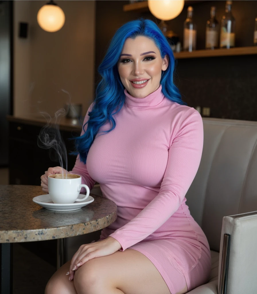 full body photography, standing of a beautiful influencer woman, with captivating purple hair, fascinating blue eyes, Bold red lips and a charming, irresistible smile, in the cozy atmosphere of a modern café, human details, 8k resolution, realistically rendered: Every detail meticulously captured, high intricate details, sharp focus, detailed complexion, Genuine leather texture, deeply textured eyes, professionally executed photography, maximum detailed, ultrarealistic and photorealistic. In this 8k ultra high definition photograph, The charming influencer captures attention and transports the viewer to the charming and intimate setting of