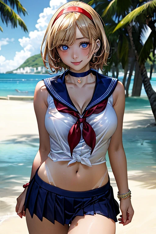 (masterpiece:1.2, top-quality), ultra-detailed, (realistic, photorealistic:1.4), beautiful illustration, (natural side lighting, movie lighting), depth of fields, 
beautiful hair, beautiful face, beautiful detailed eyes, beautiful clavicle, beautiful body, beautiful chest, beautiful thigh, beautiful legs, beautiful fingers, perfect style, 
looking at viewer, 1 girl, japanese, gravure Idol, high school girl, perfect face, cute and symmetrical face, 
(short hair, blonde hair), blue eyes, realistic pupils, long eye lasher, (large breasts, thigh thickness), suntan, shinny skin, emphasizes cleavage, 
((sleeveless navy sailor shirt, open front, navel, navy sheer micro mini skirt), choker, wrist chakra, hairband), red sailor scarf, 
(beautiful scenery), tropical beaches, (versatile sexy poses), (lovely smile, upper eyes),