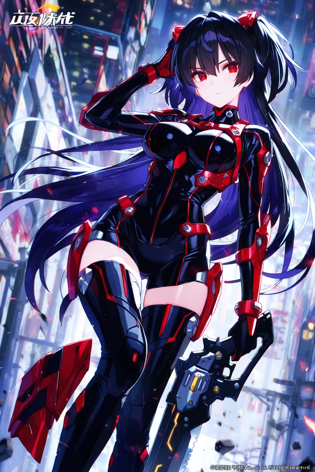 Lewd, cyberpunk, messy futuristic room, long black hair, blushing, naked under jacked, black jacket red accents, surprised look, messy ponytail, messy, annoyed look, [surprised], naked exept for jacket, underwear under jacket, surprised, shocked, full body, bandages, underwear under jacket