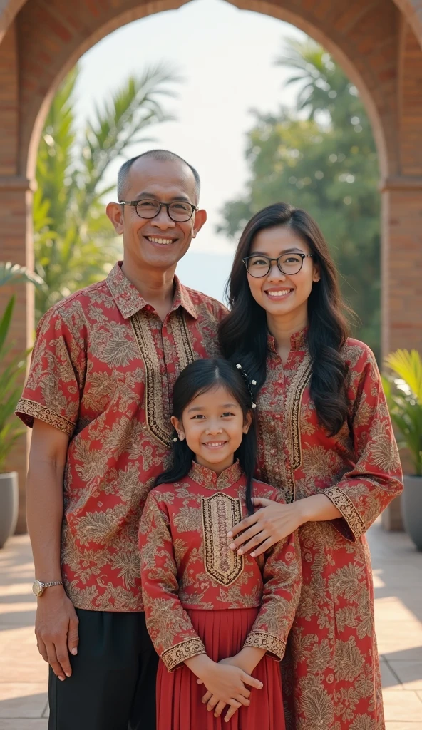 A 28 year old father wearing a Javanese Muslim batik shirt and a 25 year old mother wearing a Javanese Muslim batik shirt are taking a family photo with their 2 year old daughter wearing a Javanese Muslim batik shirt taking a family photo facing forward close-up