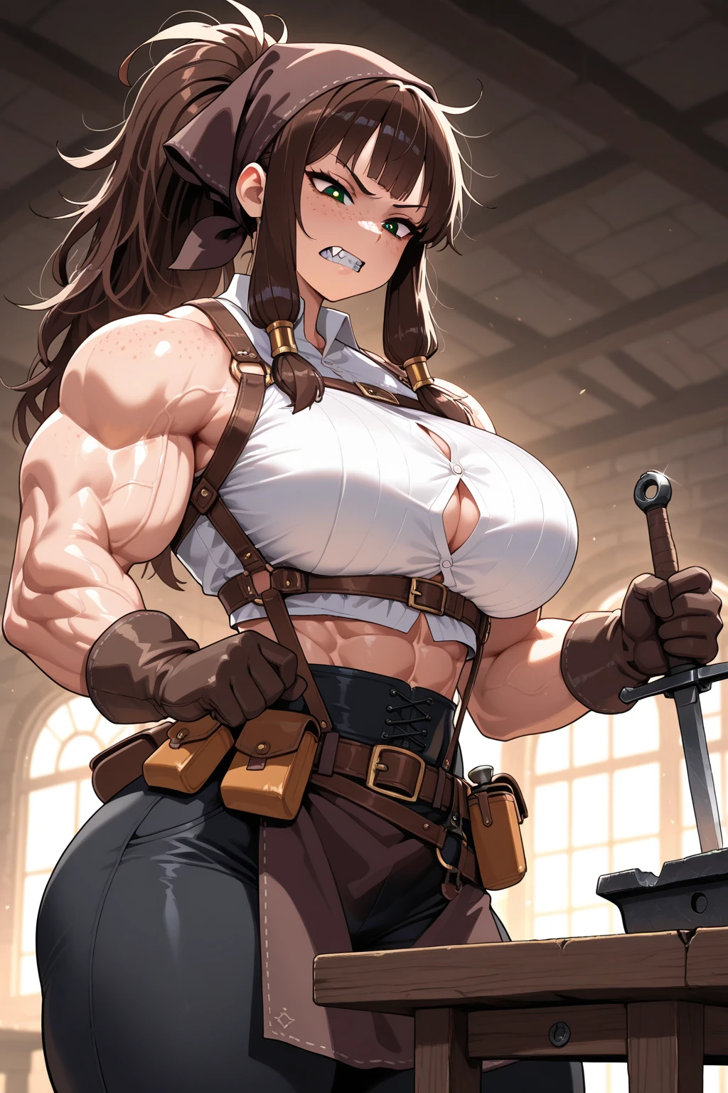 ((monsterhunter)), looking the viewer, solo, girl, shy, red cheek, bashful, embarrassed, smiling, perfect face, muscular, ((big breasts)), ((big boobs)),  long hair, beautiful eye, warrior