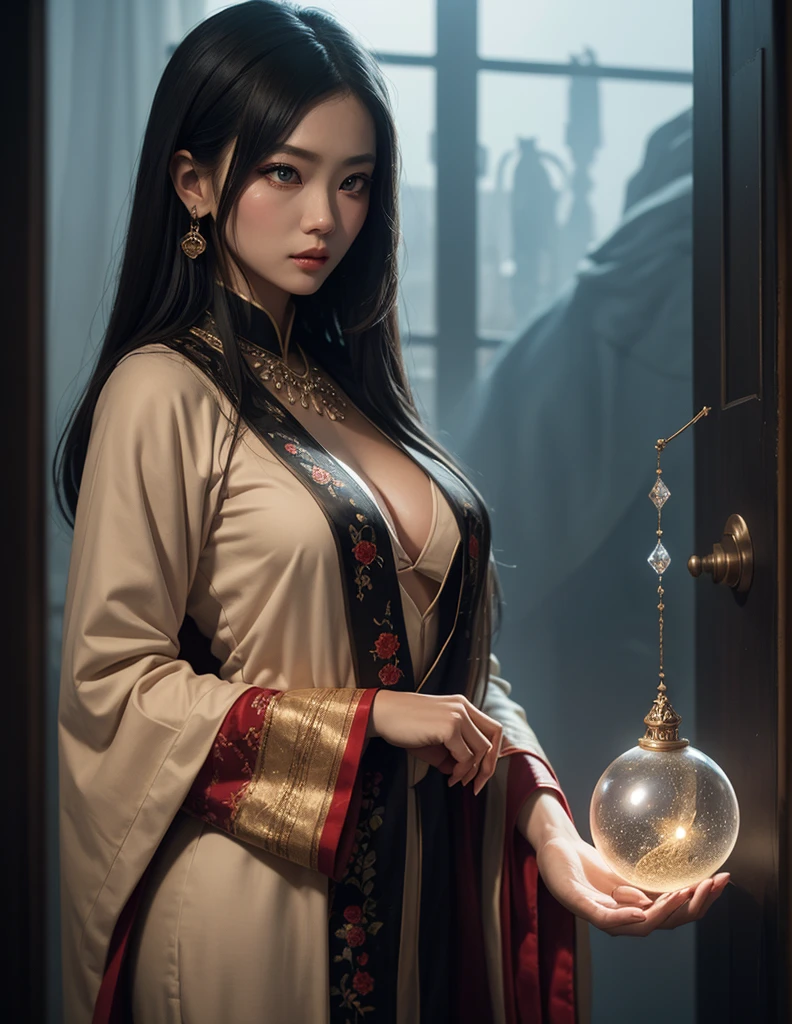 Exorcising evil spirits at the shrine17Beautiful girl about her age、Shrine maiden、Androgynous beautiful face、Perfectly trimmed face、Beautiful proportions、Open your mouth slightly、
Black hair and sky blue mesh hair、ponytail、White ribbon、Shrine maiden服、Naginata、Waist-length hair、Loose waves in black hair、Tie the side hair back with a green string.、From the waist up、Blue Eyes、Looking sadly at the sky、Swaying earrings、Finely carved blue gemstone necklace、choker、Hair dancing in the wind、(((In his right hand he holds a spellbook engraved with a crimson red pentagram.)))、Staring at the sky, I chant a spell、Open your mouth、((A dazzling light shoots out from the spellbook into the sky.))、Intricate and elegant embroidered innerwear in black and gold、Hooded coat with fluffy white feathers、Coat fluttering in the wind、White feathers flying in the air、Left hand pointing straight up towards the sky、A small pale light from my fingertips、Dark sky、lightning、Gazing at the sky、Beautiful hand ultra wide shot、Focus on people、masterpiece, best quality, ultra detailed, insanely detailed, exquisite, beautiful, 16K, highres