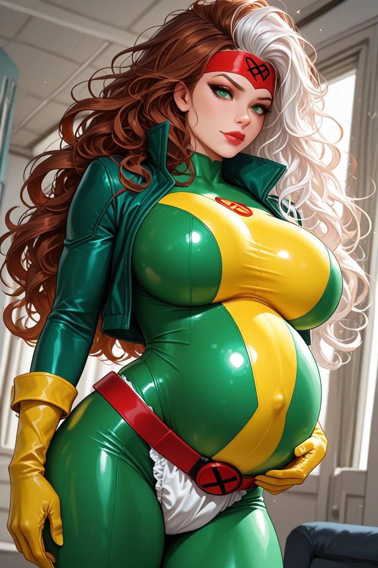 good anatomy, masterpiece, best quality, bokeh, depth of field, highres, high quality, 1girl,
CARTOON_X_MENs_Rogue,ownwaifu,
long hair,breasts,brown hair,green eyes,lipstick,makeup,lips,white hair,two-tone hair,headband,wavy hair,large breasts,messy hair,curly hair,big_hair,
yellow bodysuit,jacket,gloves,belt,yellow gloves,green bodysuit,bodysuit,multicolored bodysuit,superhero, skin tight,multicolored clothes,