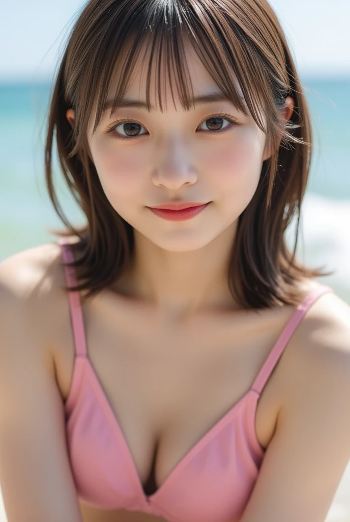 masterpiece, highest quality, ultra high resolution, (realistic photo: 1.4), ((1 girl, pale white skin: 1.4, kneel down, From above, looking up at the viewer, close up of face, 28 years old, cute, cute, black hair, bob_cut, short hair, big breasts: 1.6)) (bikini swimwear: 1.3, Simple blue and black two-tone swimsuit, shiny shiny shiny swimwear, Glossy swimsuit with reflective surfaces, soaking wet body: 1.2) (portrait of famous japanese actress), (smile, Happy, Joyful, Hilarious, close your mouth), (chest is pinched between arm and chest), high definition eyes, really pure white background, long neck, bangs, eyelash, Big eyes