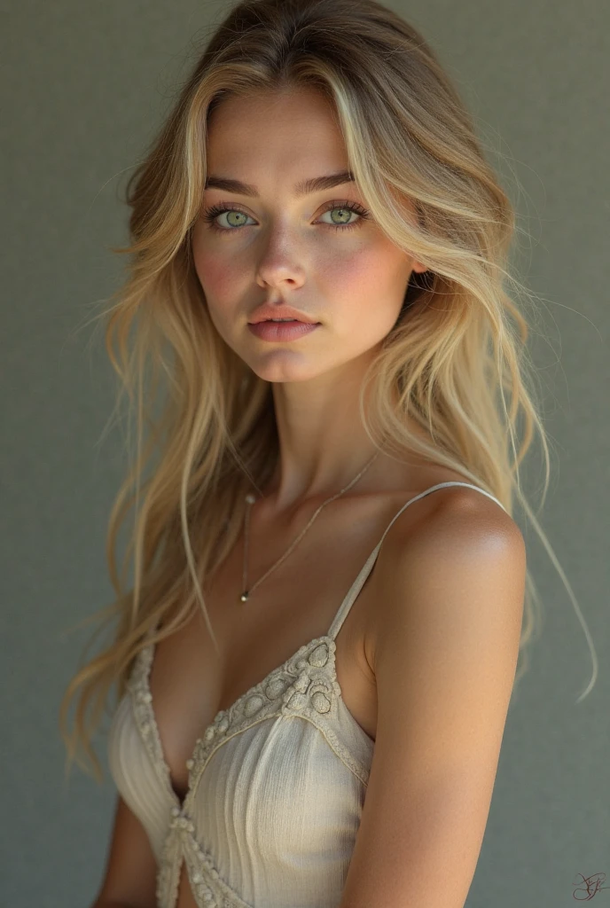 1girl in, age19, Allein, lange Haare, Kolossal , Betrachter betrachten, blondes Haar, braune Augen, Juwelier, Full body, eine Halskette, schulterfrei, Dress, Realistisch