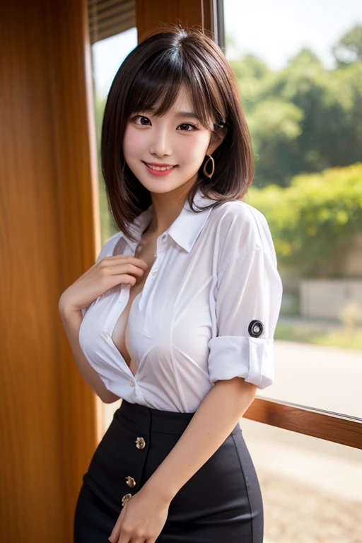 (highest quality,masterpiece:1.3,Ultra-high resolution,)、(Photorealistic:1.4,RAW shooting)、Ultra-Realistic Capture、Tight white shirt with the buttons open、mini skirt、超cute顔、1 girl、Japanese、18-year-old、cute、Black-haired,ponytail、Super big 、Big 、Huge breasts、Put your chest close、A pose that emphasizes the chest、smile、Turn your body forward、Looking at the camera、Cowboy Shot,