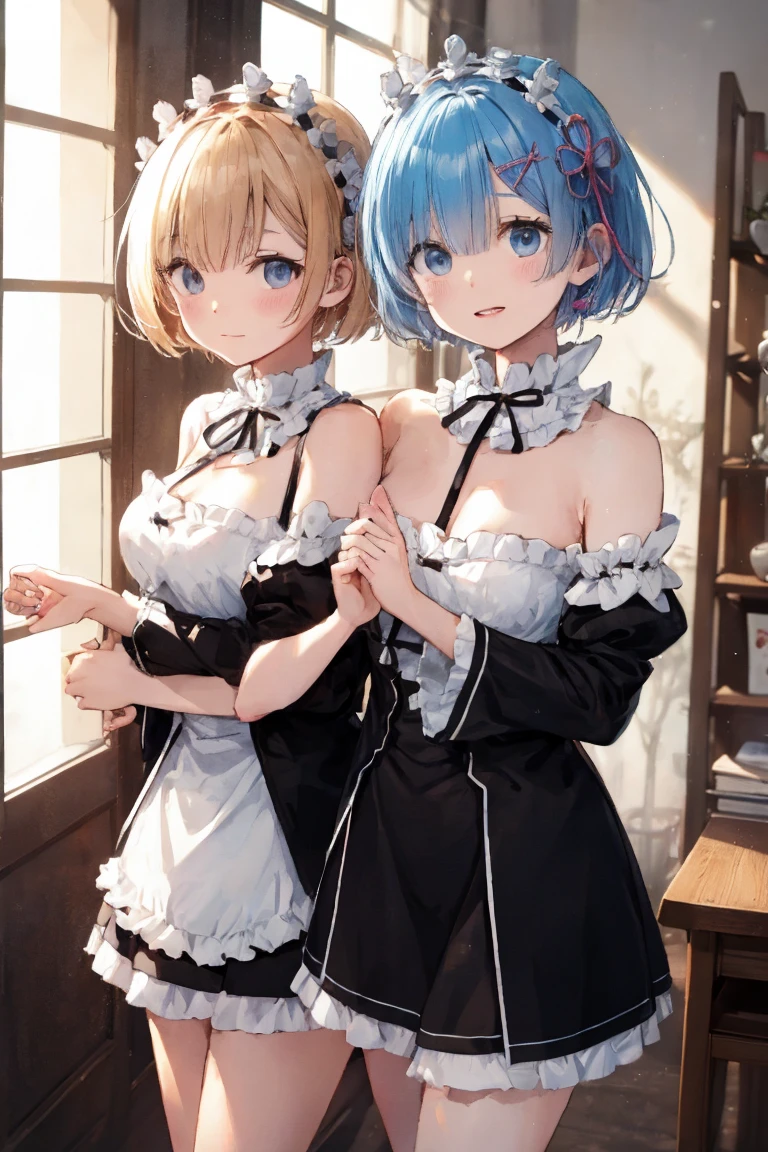 masterpiece, best quality, ultra-detailed,realistic,re zero, (light blue hair, short hair, large breasts), cleavage, smile, cowboy shot ,kawaii, cute, pretty, 16years old, stomach, navel, 
(black theme),(all black),
((gothic lolita, black nurse costume))
(black (nurse cap,sling) with
cross-symbol print on head),(fusion
of (short sleeve black collared-shirt
with double-breasted) and black
mini wrap-skirt), (collarbone)、
(double-breasted),(black choker with
cross),(intricately embroidered black
lace, black ruffle trim)),(black platform
high boots).
 (white and black theme),(white
cross-symbol),(wrap white bandages
around arms andlegs),(white
button),((tareme)),beautiful face, 
