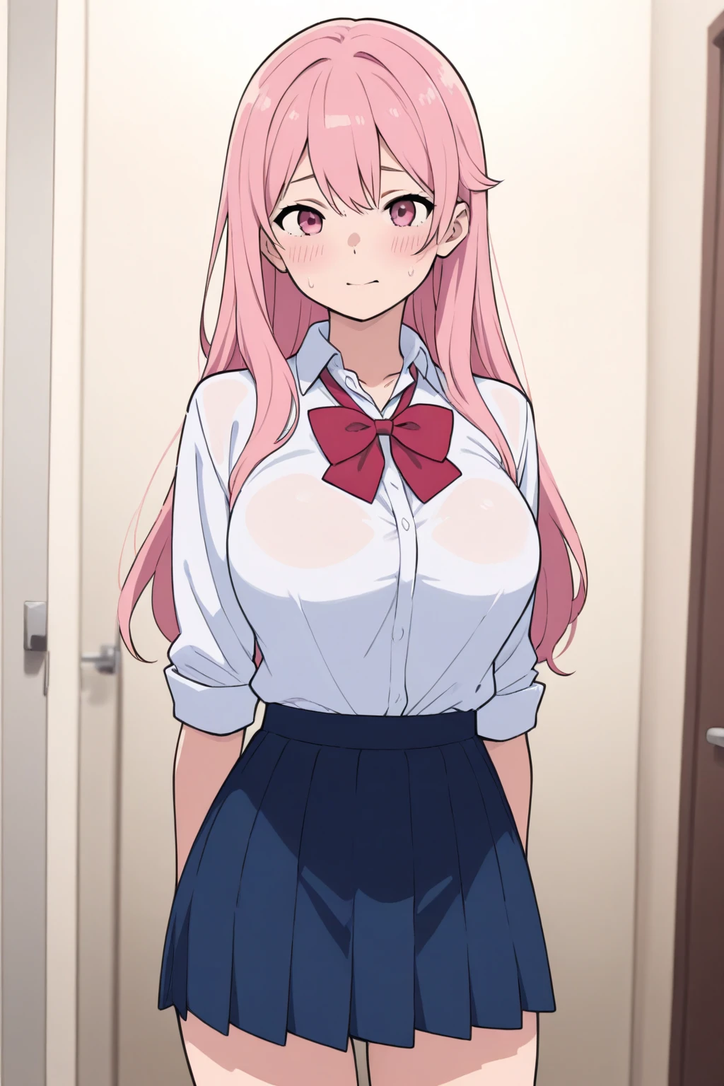 NSFW,masterpiece,Highest quality,High resolution,Very detailed,Shikimori-san\(可愛いだけじゃないShikimori-san\),Pink Hair、Long Hair、blue eyes、Hair between the eyes、bangs,Surprised face,blush,uniform,Dress shirt,Pleated skirt,High-quality lace lingerie,School,locker room,locker room,bench,Changing clothes,Half-naked,Undressing