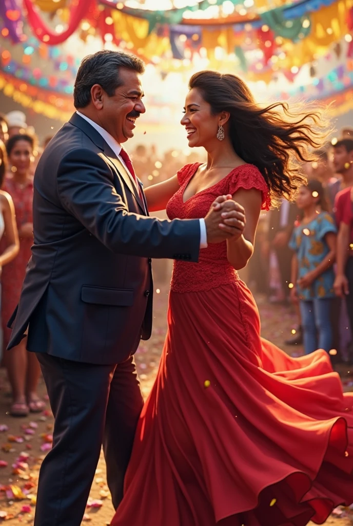 Create a realistic photograph of a smiling and beautiful indian actress in red satin carrying a large stout man on her shoulders in a room, man is sitting on top of her shoulders , man on top, woman standing at bottom , she is wearing black gloves