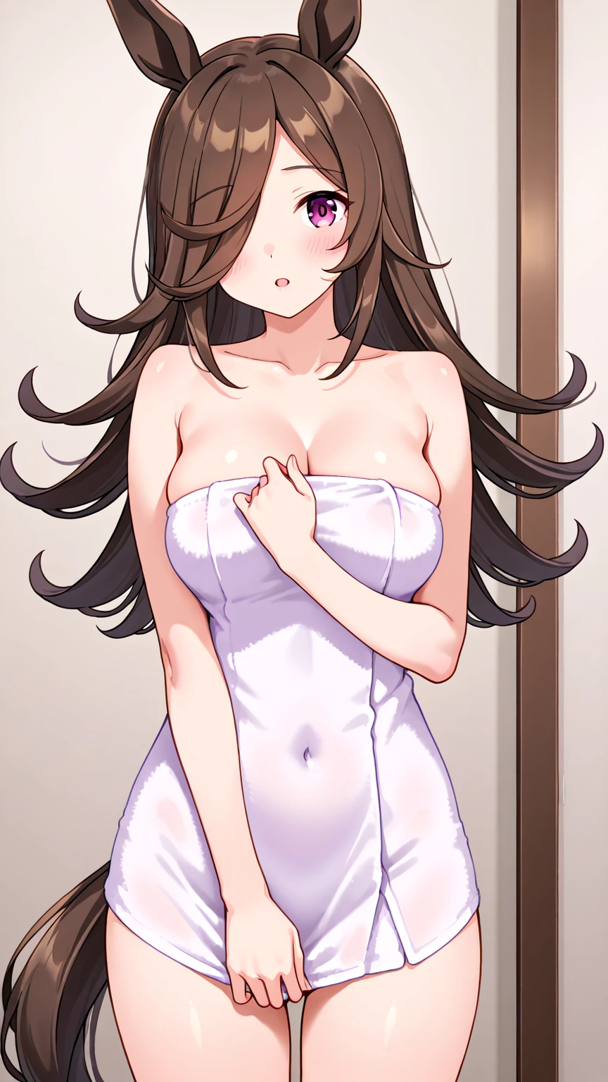 1 adult woman, (smile: 1.4), adult, light brown hair, wavy long hair, big, J-cup, (naked: 1.4), (see-through: 1.4), (hanging: 1.3), (white camisole: 1.4), (sweating: 1.2),