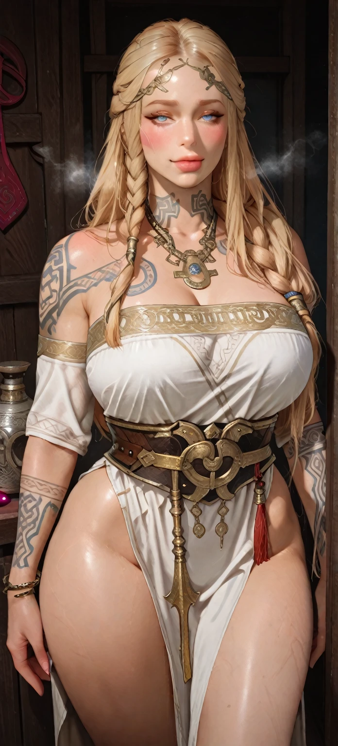 mj3D style,3Dmm,3D,(Meisterwerk, best quality:1.1), in Forest, vibrant forest, stone altar, Forestspirit girl, wearing tribal cloths, sitting on altar, smile, huge thighs, wide hips, rune tattoos, body paint, dirty, long curly hair, flowers in hair, big breasts, green eyes, shiny eyes, big lips, full lips, soft lips, braids, blond hair, unkempt hair, illuminating eyes, at night, dark, spreading legs, cum in pussy, sperm flowing out of pussy, huge amout of cum, mature woman, curvy,