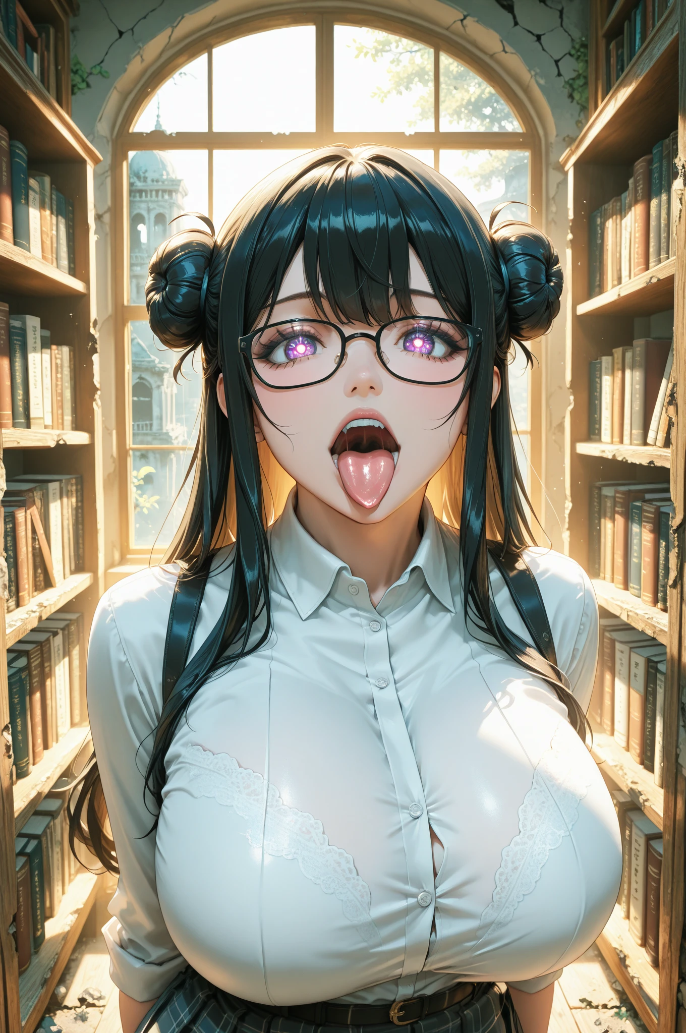 Sexy Librarian, reading at her desk, in library, busty, cleavage, perfect hands perfect fingers perfect breasts perfect fit perfect body perfect face perfect image realism detailed background detailed outfit micro bikini, shirt unbuttoned, lewd librarian, hyperrealism, photorealistic, unreal engine, 3dcg, octane render, 8k highest resolution highly detailed